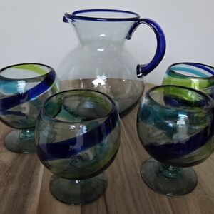 Handblown Glass Pitcher and Goblet Set in Blue and Green